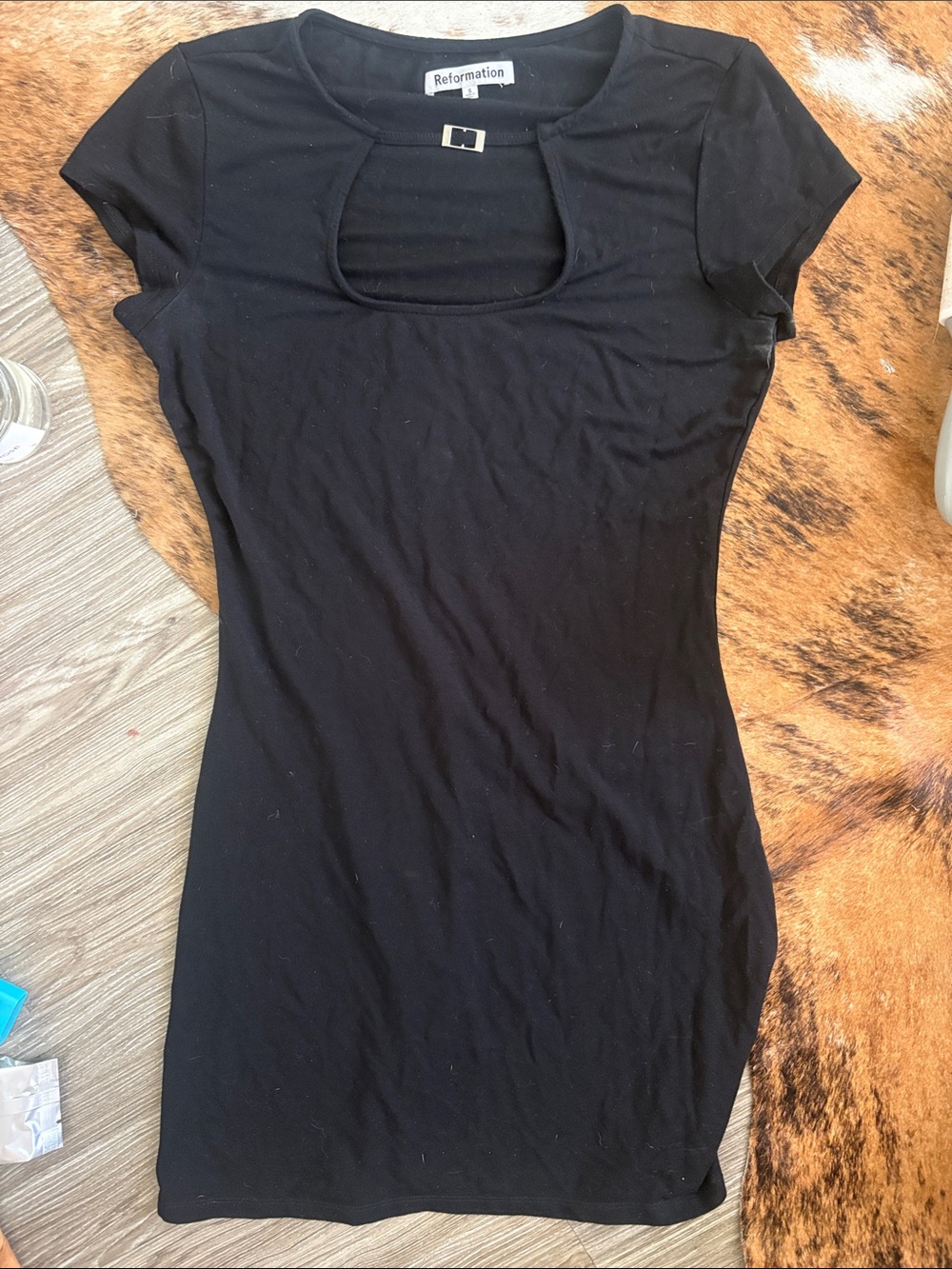 Reformation Black Short-Sleeve Cutout dress Top with Buckle